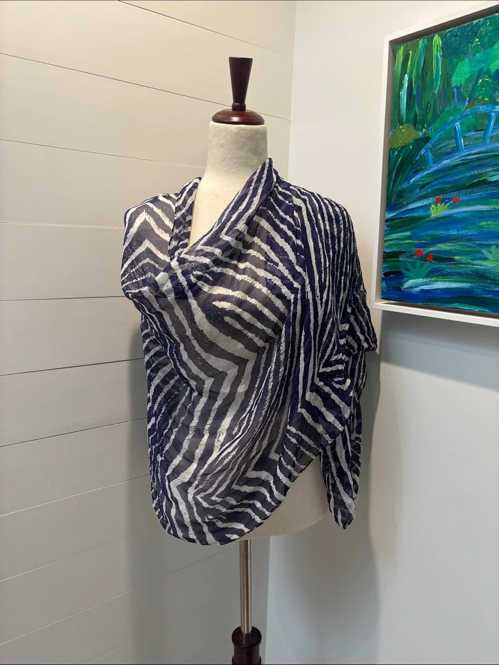 Coach Navy and White Abstract Stripe Infinity Scarf